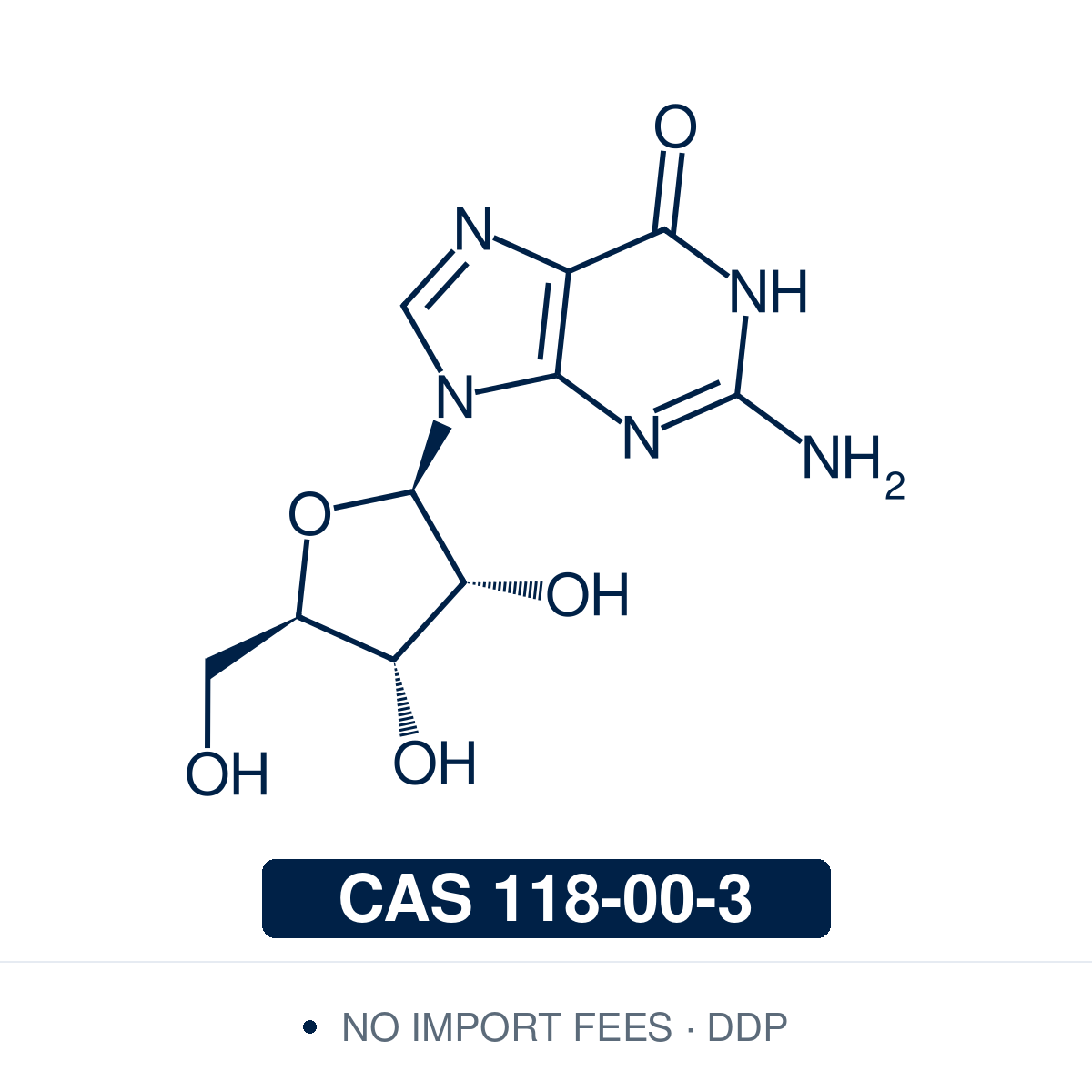 Chemical structure of Guanosine, CAS 118-00-3, ≥98.0% — purine ribonucleoside and RNA building block; guanine linked to D-ribose. Supplied by NorrChemica with DDP shipping. CoA and SDS provided.