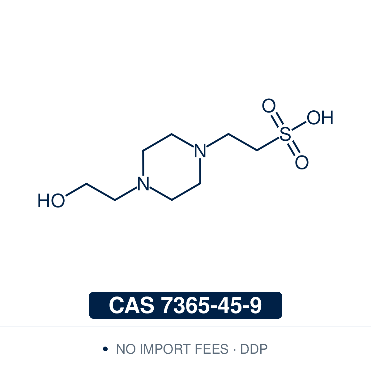Chemical structure of HEPES, CAS 7365-45-9, ≥ 98.0% — for buffer solution preparation and cell culture research applications. Supplied by NorrChemica with DDP shipping. CoA and SDS provided.