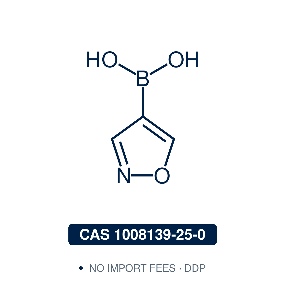Chemical structure of Isoxazol-4-ylboronic Acid, CAS 1008139-25-0, ≥98% — heteroaromatic isoxazole-4-boronic acid used in Pd-catalysed Suzuki-Miyaura coupling, Cu Chan-Lam C–N/C–O coupling, Rh/Ni conjugate additions, and photoredox arylation in pharma/materials synthesis, providing access to 4-substituted isoxazoles as privileged scaffolds in medicinal chemistry, agrochemical research, and bioisostere design. Supplied by NorrChemica with DDP shipping. CoA and SDS provided.