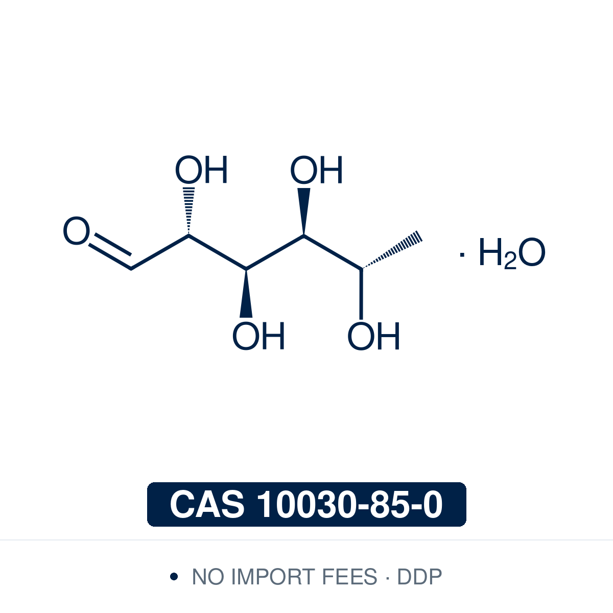 Chemical structure of L-Rhamnose monohydrate, CAS 10030-85-0, ≥98% — naturally-occurring 6-deoxy-L-mannose methylpentose monohydrate used as a reference standard and building block in glycoscience and glycoconjugate synthesis research, plant flavonoid and saponin glycoside studies, bacterial cell-wall polysaccharide methodology, rhamnolipid biosurfactant research, and natural product carbohydrate chemistry. Supplied by NorrChemica with DDP shipping. CoA and SDS provided.