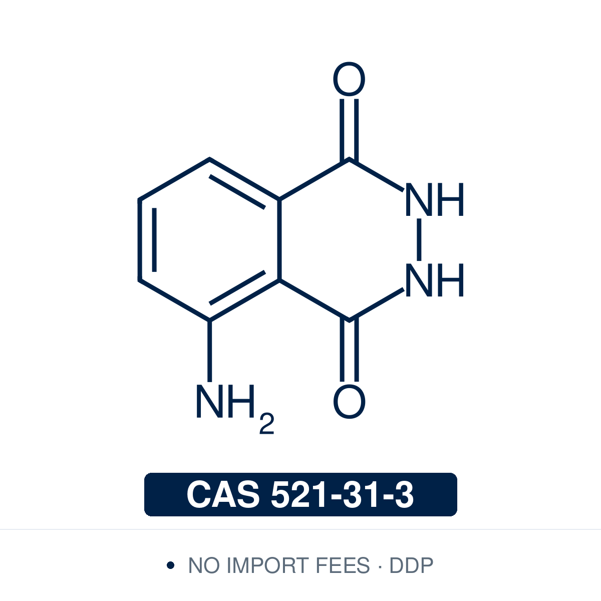 Chemical structure of Luminol, CAS 521-31-3, ≥98% — cyclic phthalhydrazide chemiluminescence reagent (5-amino-2,3-dihydrophthalazinedione) producing blue emission upon oxidation by hydrogen peroxide used as an Enhanced ChemiLuminescence (ECL) detection reagent in Western blot and ELISA immunoassay methodology, forensic blood visualization, trace metal detection, and reactive oxygen species biosensor research. Supplied by NorrChemica with DDP shipping. CoA and SDS provided.