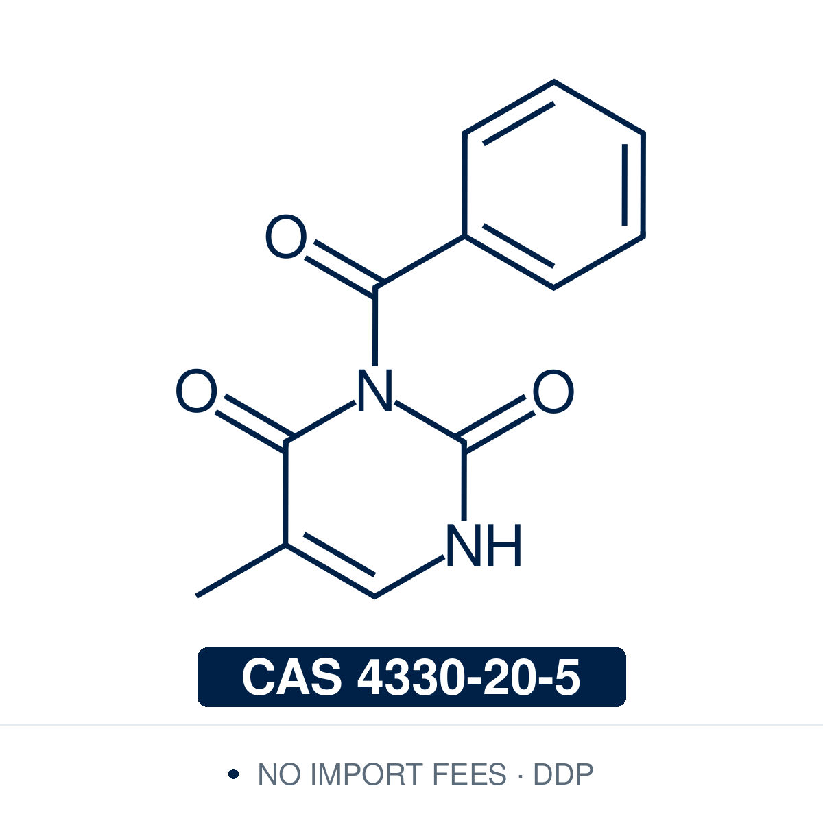 Chemical structure of N3-Benzoylthymine, CAS 4330-20-5, ≥98% — N3-benzoyl-protected thymine nucleobase, a base-labile building block for nucleoside, oligonucleotide, and phosphoramidite synthesis. Supplied by NorrChemica with DDP shipping. CoA and SDS provided.