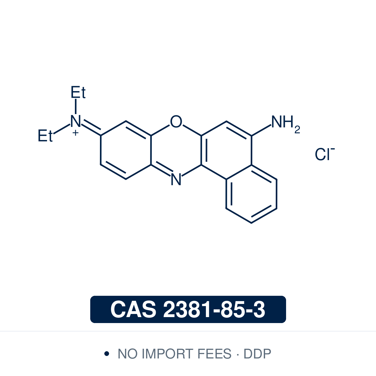 Chemical structure of Nile Blue Chloride, CAS 2381-85-3, reagent grade — benzophenoxazine cationic fluorescent dye (C.I. 51180 / Basic Blue 12) with red-orange emission used as a research-grade fluorochrome for differential staining of neutral and polar lipids in histology, fluorescent lipid droplet visualization in cell biology and lipid metabolism research, hepatic lipid imaging, and electroactive dye applications in biosensor research. Supplied by NorrChemica with DDP shipping. CoA and SDS provided.