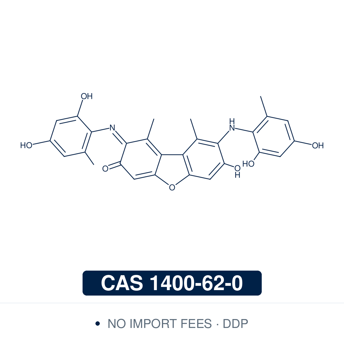 Chemical structure of Orcein (Synthetic), CAS 1400-62-0, E1%1cm ≥300 (579–583 nm, MeOH) — phenoxazone-class histological dye (C.I. Natural Red 28) and reproducible synthetic equivalent of natural lichen-derived orcein used as a research-grade vital stain for elastic fibres in cardiovascular and pulmonary histology, aceto-orcein chromosome staining in plant cytogenetics, hepatic copper-binding protein research, and connective tissue methodology. Supplied by NorrChemica with DDP shipping. CoA and SDS.