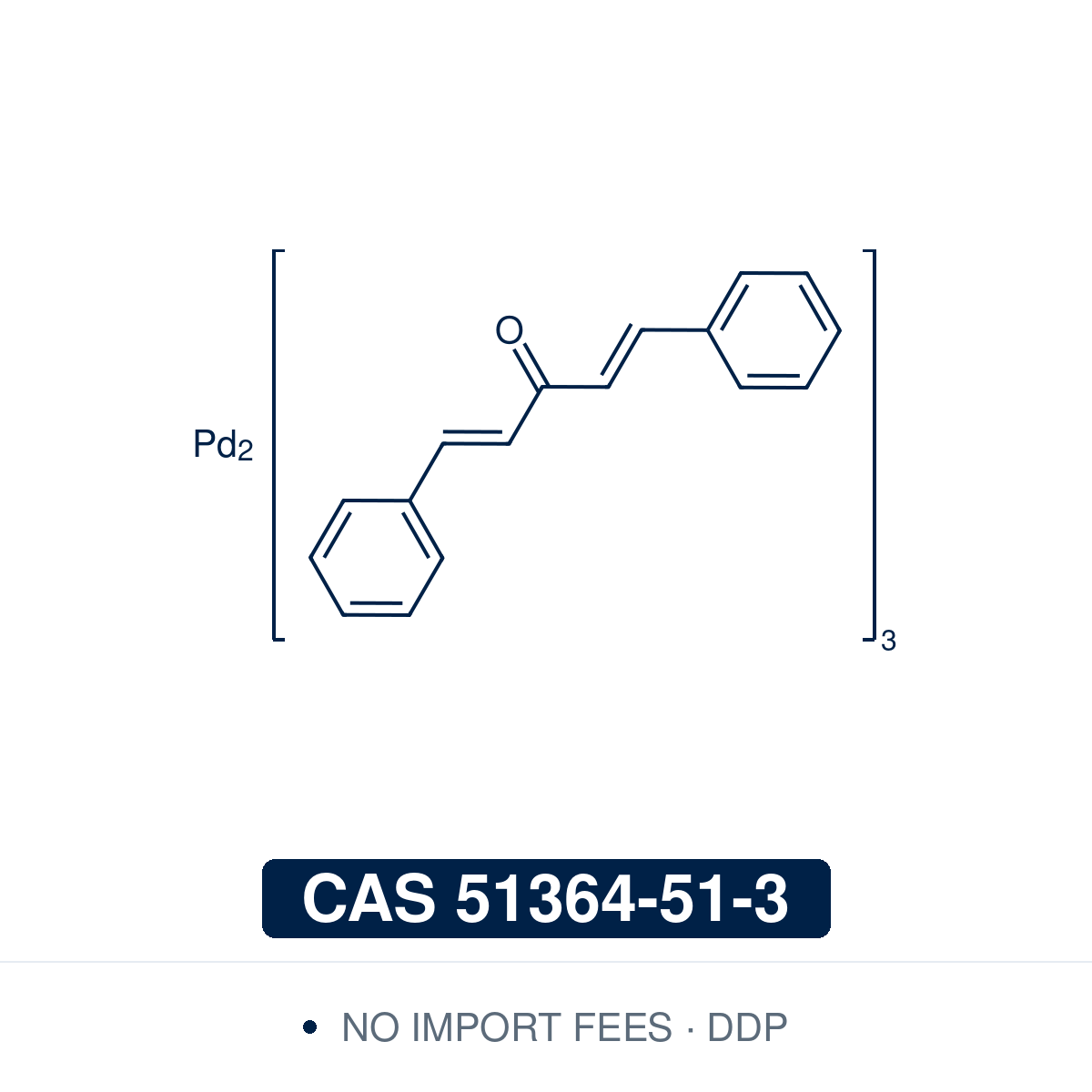 Chemical structure of Pd2(dba)3 (tris(dibenzylideneacetone)dipalladium(0)), CAS 51364-51-3, ≥98% — a Pd(0) source in which three dibenzylideneacetone ligands bridge two palladium centres through their alkene bonds, used as pre-catalyst for Suzuki-Miyaura, Heck, Stille, Negishi and Buchwald-Hartwig couplings and Tsuji-Trost allylation. Supplied by NorrChemica with DDP shipping. CoA and SDS provided.