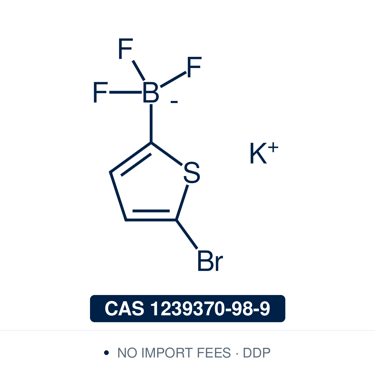 Chemical structure of Potassium (5-Bromothiophen-2-yl)trifluoroborate, CAS 1239370-98-9, ≥98% — bench-stable organotrifluoroborate salt used in Pd-catalysed Suzuki-Miyaura coupling as a moisture- and air-tolerant alternative to thiophene-2-boronic acid, with the 5-bromo handle providing orthogonal reactivity for sequential coupling toward 2,5-disubstituted thiophenes in pharma, agrochem, and π-conjugated materials synthesis. Supplied by NorrChemica with DDP shipping. CoA and SDS provided.