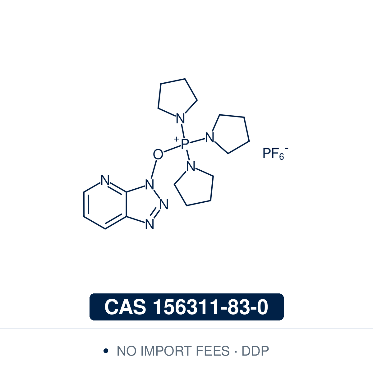 Chemical structure of PyAOP (7-azabenzotriazol-1-yloxytripyrrolidinophosphonium hexafluorophosphate), CAS 156311-83-0, ≥98% — a phosphonium-salt peptide coupling reagent (C17H27F6N7OP2), the HOAt-derived aza-analog of PyBOP. It activates carboxylic acids as OAt esters for amide bond formation, excelling at hindered and N-methyl couplings and at macrocyclization. As a phosphonium salt it avoids the chain-capping guanidinylation caused by aminium reagents like HATU. Supplied by NorrChemica with DDP shipping.