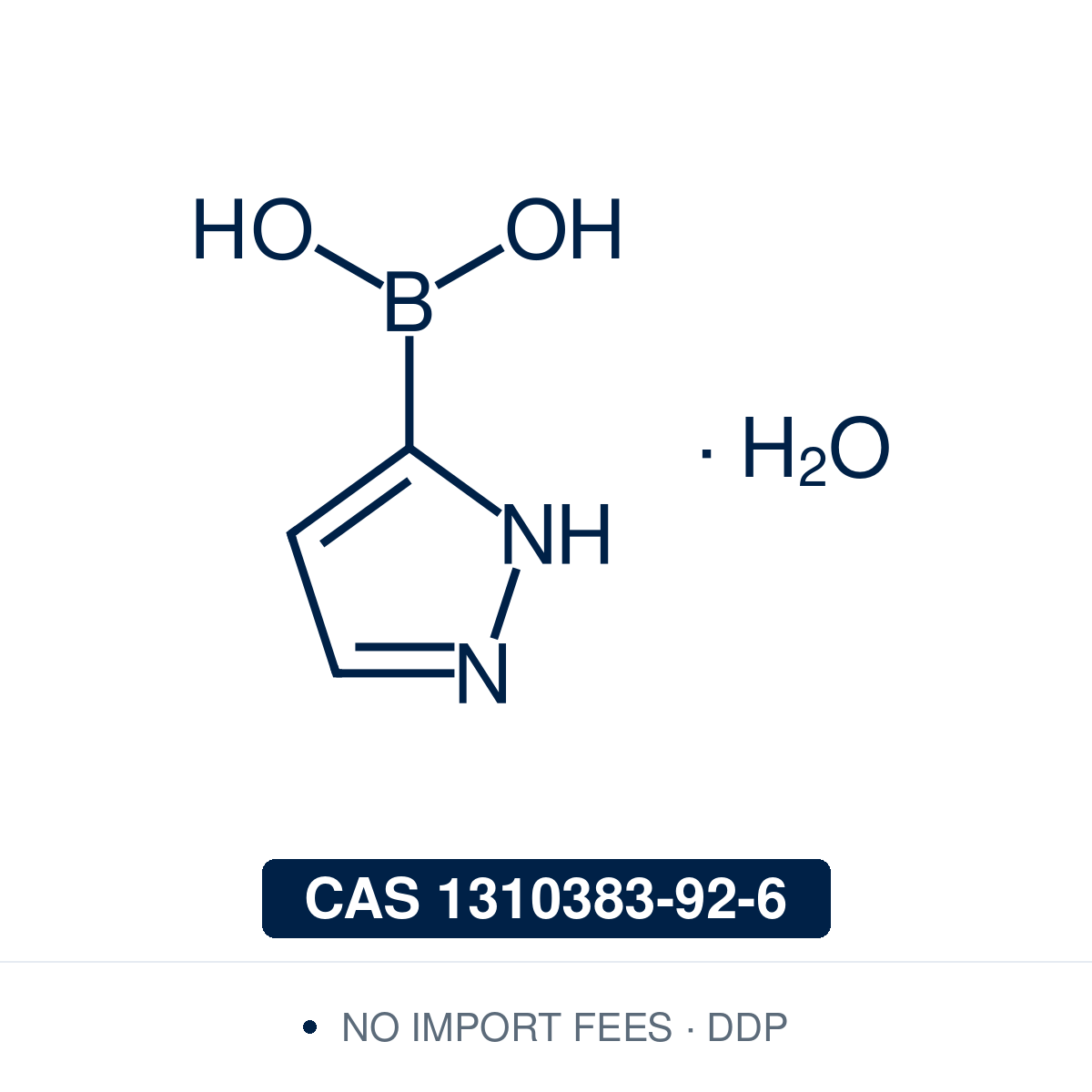 Chemical structure of Pyrazole-3-Boronic Acid Hydrate, CAS 1310383-92-6, ≥98% — heteroaromatic NH-pyrazole-3-boronic acid (monohydrate) used in Pd-catalysed Suzuki-Miyaura coupling, Cu Chan-Lam C–N/C–O coupling, Rh/Ni conjugate additions, and photoredox arylation in pharma/materials synthesis, providing access to 3-substituted pyrazoles as privileged scaffolds in medicinal chemistry, agrochemical research, and bioactive heterocycle synthesis. Supplied by NorrChemica with DDP shipping. CoA and SDS provided.