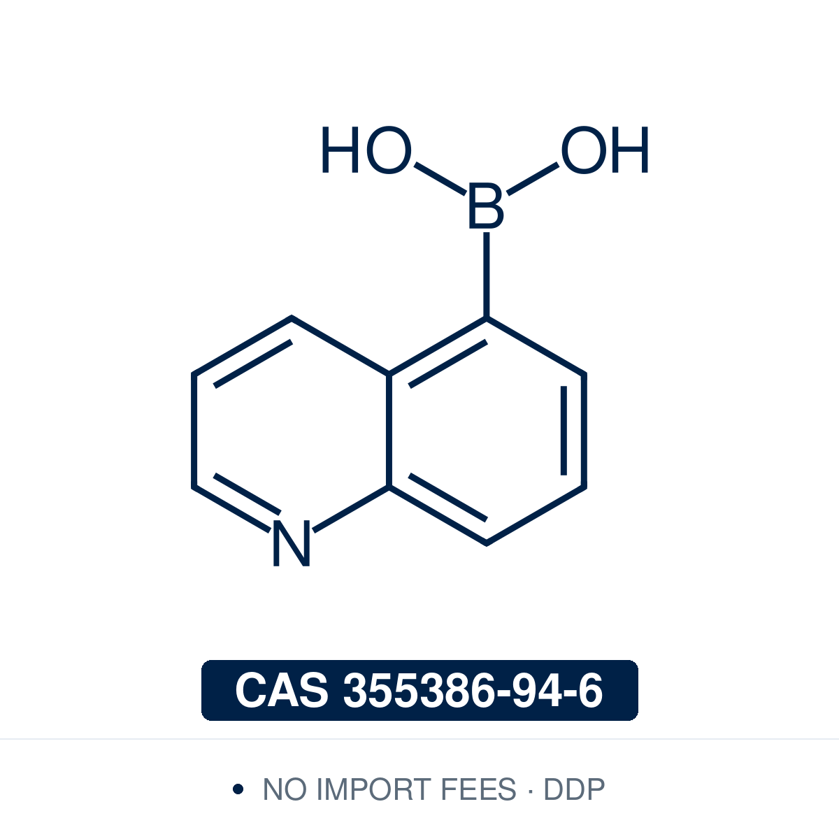Chemical structure of Quinolin-5-ylboronic Acid, CAS 355386-94-6, ≥97% — benzo-fused N-heterocyclic boronic acid at the carbocyclic C5 position used in Pd-catalysed Suzuki-Miyaura coupling, Cu Chan-Lam C–N/C–O coupling, Rh/Ni conjugate additions, and photoredox arylation in pharma/materials synthesis, with the quinoline scaffold privileged in medicinal chemistry, kinase inhibitor design, natural product synthesis, and fluorescent probe research. Supplied by NorrChemica with DDP shipping. CoA and SDS