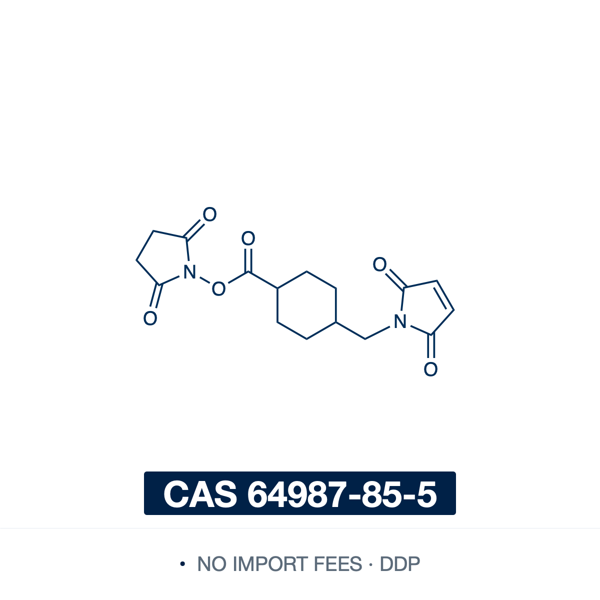 Chemical structure of SMCC (succinimidyl 4-(N-maleimidomethyl)cyclohexane-1-carboxylate), CAS 64987-85-5, ≥97% — the classic heterobifunctional crosslinker (C16H18N2O6): an amine-reactive NHS ester and a thiol-reactive maleimide joined by a cyclohexane spacer. Its NHS ester couples to amines and its maleimide to thiols; the cyclohexane ring stabilizes the maleimide for clean two-step conjugation of proteins, antibodies and antibody-drug conjugates. Supplied by NorrChemica with DDP shipping. CoA and SDS