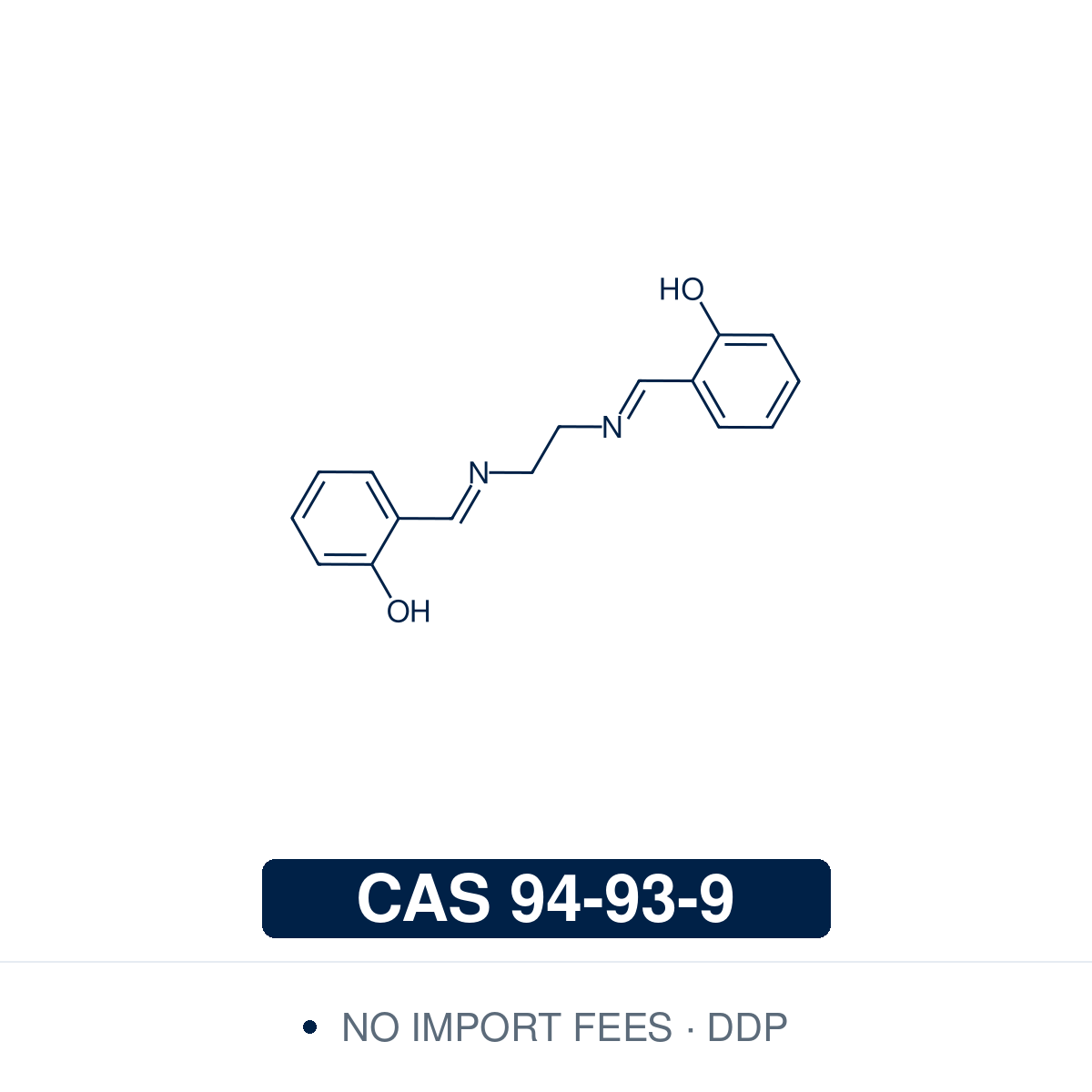 Chemical structure of Salen (N,N'-Bis(salicylidene)ethylenediamine), CAS 94-93-9, ≥98% — a tetradentate N2O2 Schiff-base ligand condensed from salicylaldehyde and ethylenediamine, forming the Mn, Co, Cu and Cr salen complexes used in asymmetric epoxidation, oxidation and epoxide ring-opening catalysis. Supplied by NorrChemica with DDP shipping. CoA and SDS provided.