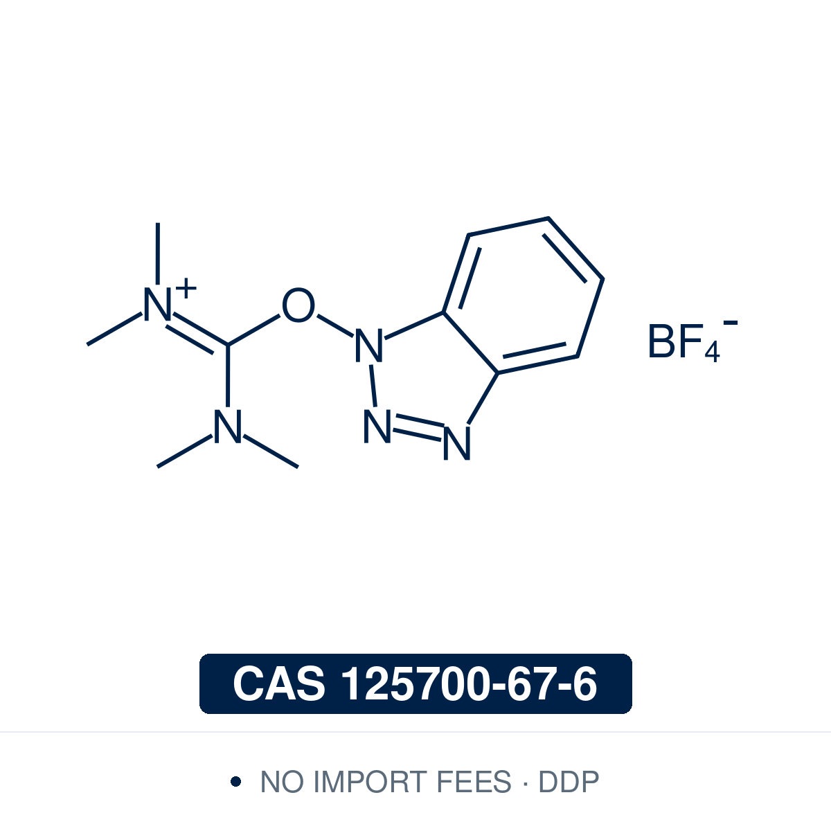 Chemical structure of TBTU (O-(benzotriazol-1-yl)-N,N,N',N'-tetramethyluronium tetrafluoroborate), CAS 125700-67-6, 98%— benzotriazolyl tetramethyluronium coupling reagent, the tetrafluoroborate analogue of HBTU (same cation, BF4 in place of PF6). Used in solid-phase and solution peptide synthesis to activate carboxylic acids as benzotriazolyl (OBt) active esters for amide/peptide bond formation, with fast coupling and low racemisation. Supplied by NorrChemica with DDP shipping. CoA and SDS provided.
