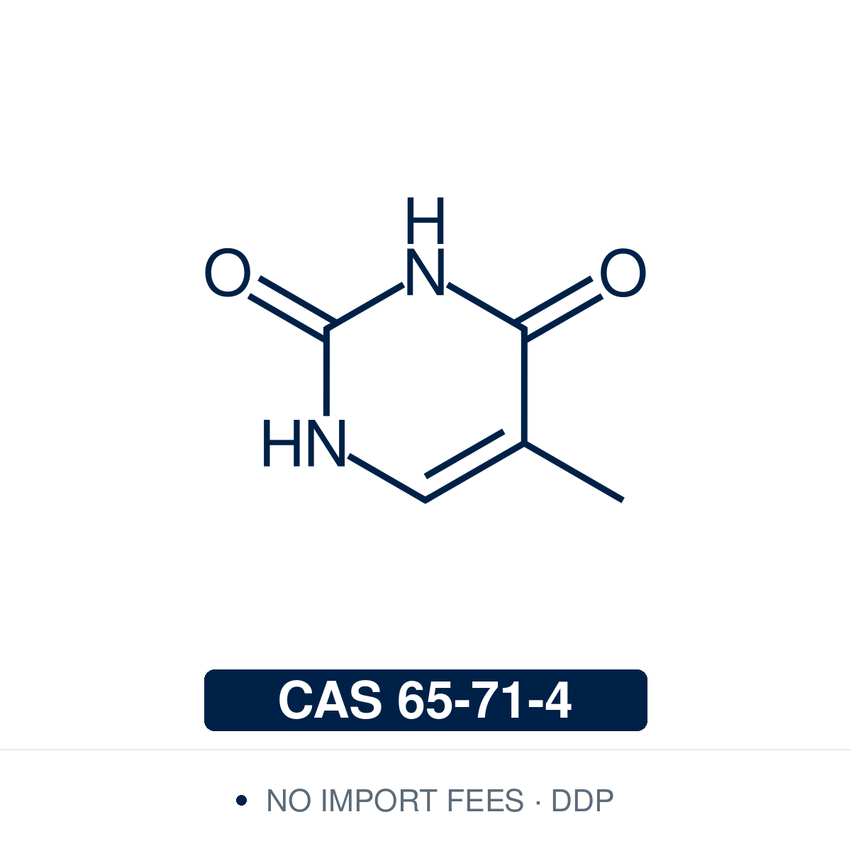 Chemical structure of Thymine, CAS 65-71-4, ≥99% — natural pyrimidine nucleobase (5-methyluracil) used as a DNA building block in oligonucleotide synthesis, nucleoside analogue chemistry, and as a reference standard for nucleic acid research. Supplied by NorrChemica with DDP shipping. CoA and SDS provided.