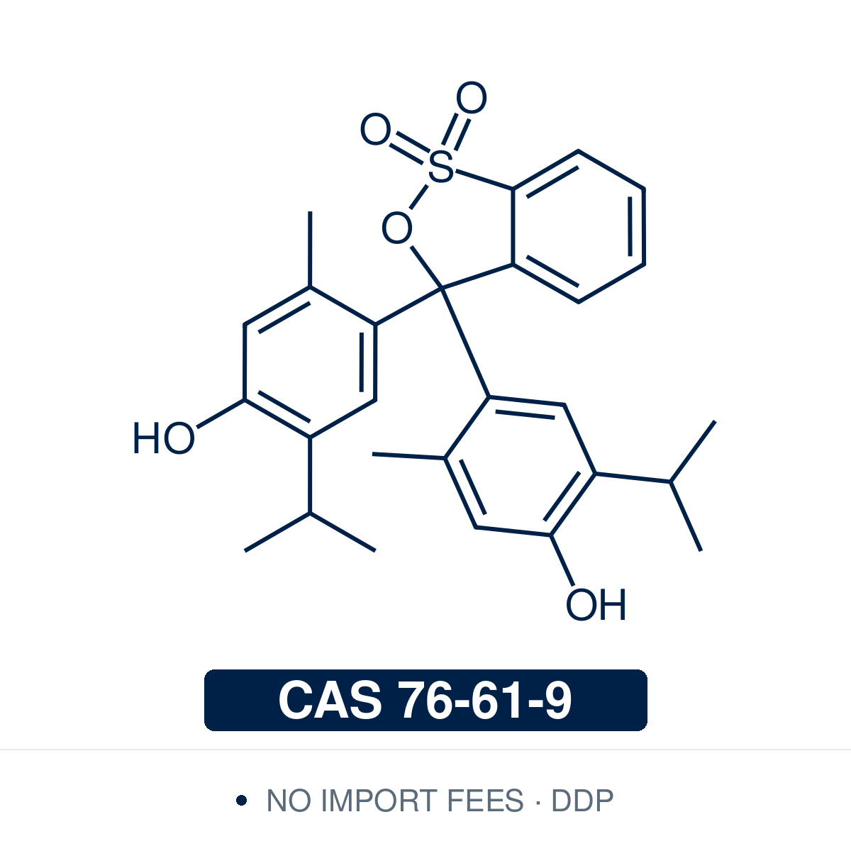 Chemical structure of Thymol Blue, CAS 76-61-9, Indicator Grade — sulfonephthalein two-range pH indicator of the Clark–Lubs series, red→yellow at pH 1.2–2.8 and yellow→blue at pH 8.0–9.6, used in acid–base and non-aqueous titrations, universal indicator formulations, and spectrophotometric seawater pH measurement on the total scale. Supplied by NorrChemica with DDP shipping. CoA and SDS provided.