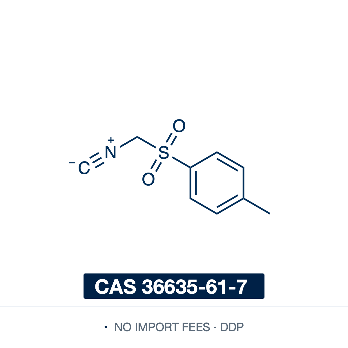 Chemical structure of TosMIC (p-toluenesulfonylmethyl isocyanide; van Leusen's reagent), CAS 36635-61-7, ≥98% — a stable, odorless crystalline isocyanide (C9H9NO2S), a trifunctional synthon with an acidic methylene flanked by a p-toluenesulfonyl group and an isocyano (-NC) group. It builds five-membered heterocycles: oxazoles from aldehydes, imidazoles from aldimines, and pyrroles from Michael acceptors. It also homologates carbonyls to nitriles. Supplied by NorrChemica with DDP shipping. CoA and SDS