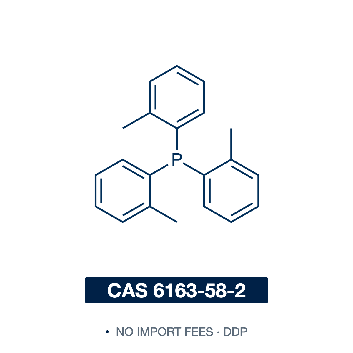 Chemical structure of Tri-o-tolylphosphine (tris(2-methylphenyl)phosphine; P(o-tol)3), CAS 6163-58-2, ≥98% — bulky monodentate triarylphosphine ligand (C21H21P), a phosphorus centre bearing three o-tolyl (2-methylphenyl) groups, with a large cone angle (~194 deg vs ~145 deg for PPh3). A classic ligand for Pd-catalyzed Heck and Buchwald-Hartwig coupling that cyclometalates to the Herrmann-Beller palladacycle. Supplied by NorrChemica with DDP shipping. CoA and SDS provided.