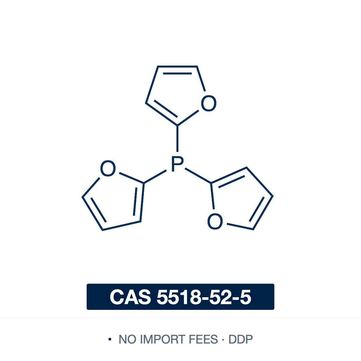 Chemical structure of Tri(2-furyl)phosphine (TFP; tris(2-furyl)phosphine; tris(furan-2-yl)phosphane), CAS 5518-52-5, ≥98% — electron-poor monodentate heteroaryl phosphine ligand (C12H9O3P), a phosphorus centre bearing three 2-furyl (furan-2-yl) groups; a weak sigma-donor and good pi-acceptor. A classic ligand for accelerating Pd-catalyzed Stille coupling (and other C-C cross-couplings), and used in Wittig reactions to improve (Z)-selectivity. Supplied by NorrChemica with DDP shipping. CoA and SDS provided