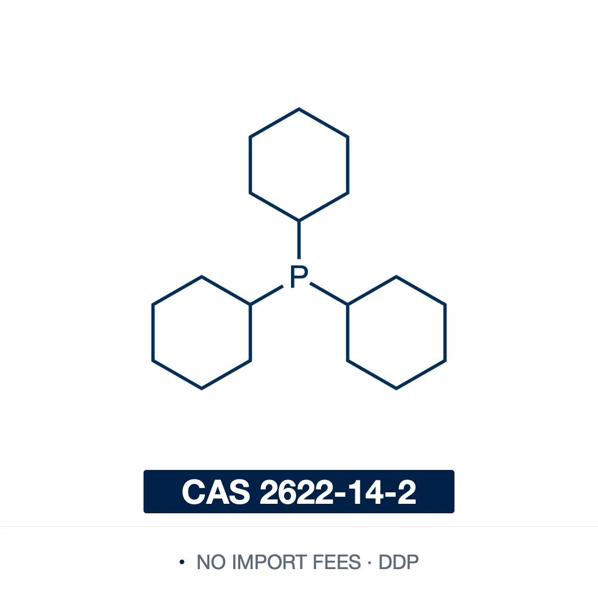 Chemical structure of Tricyclohexylphosphine (PCy3; tricyclohexylphosphane), CAS 2622-14-2, ≥97% — electron-rich, bulky monodentate trialkylphosphine ligand (C18H33P), a phosphorus centre bearing three cyclohexyl groups; a strong sigma-donor (pKa 9.7) with a large cone angle (~170 deg). A key ligand in Grubbs olefin-metathesis and Crabtree hydrogenation catalysts, and in Pd/Ni cross-coupling of unreactive aryl chlorides. Supplied by NorrChemica with DDP shipping. CoA and SDS provided.