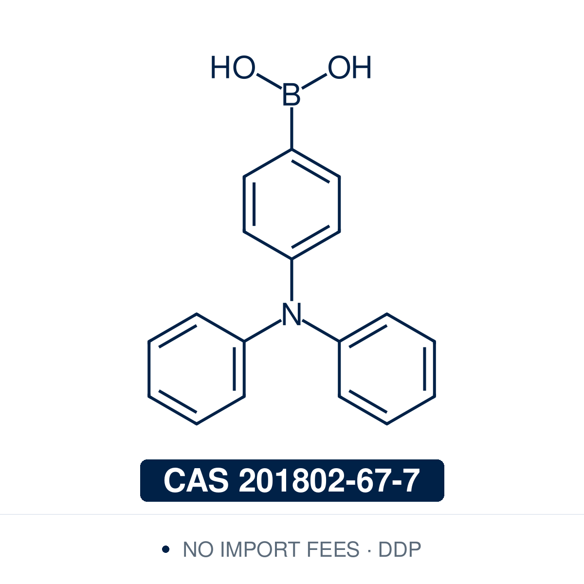 Chemical structure of Triphenylamine-4-boronic Acid, CAS 201802-67-7, ≥98% — electron-rich triphenylamine-functionalised arylboronic acid used in Pd-catalysed Suzuki-Miyaura coupling, Cu Chan-Lam C–N/C–O coupling, Rh/Ni conjugate additions, and photoredox arylation in pharma/materials synthesis, with the triphenylamine core serving as a hole-transport unit in OLED emitters, OPV/DSSC chromophores, and π-conjugated materials. Supplied by NorrChemica with DDP shipping. CoA and SDS provided.