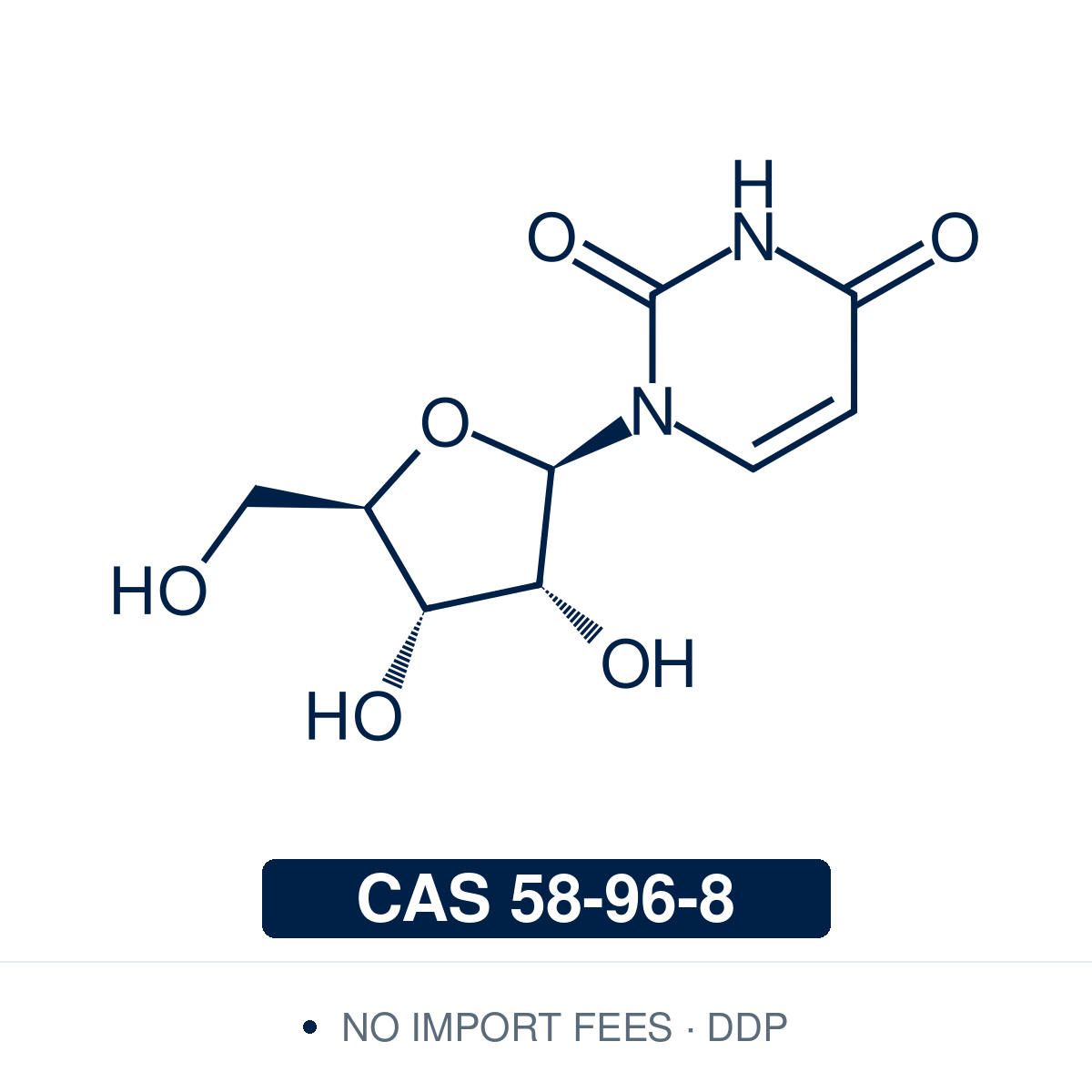 Chemical structure of Uridine, CAS 58-96-8, ≥98.0% — pyrimidine ribonucleoside and RNA building block; uracil linked to D-ribose. Supplied by NorrChemica with DDP shipping. CoA and SDS provided.