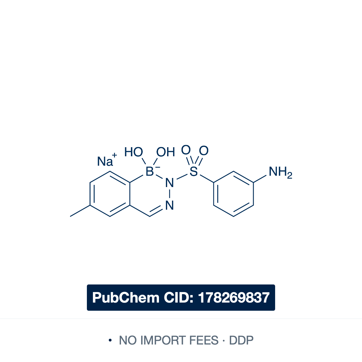 Chemical structure of VI706 (Diazaborine 62), water-soluble sodium salt of the lead diazaborine from Ilina et al. J. Med. Chem. 2026, 69, 3796–3810 — 3-aminophenylsulfonyl 6-methyl benzodiazaborine for FabI-targeted antibacterial research, colistin synergy studies, and Gram-negative drug discovery. Supplied by NorrChemica with DDP shipping. CoA and SDS provided.