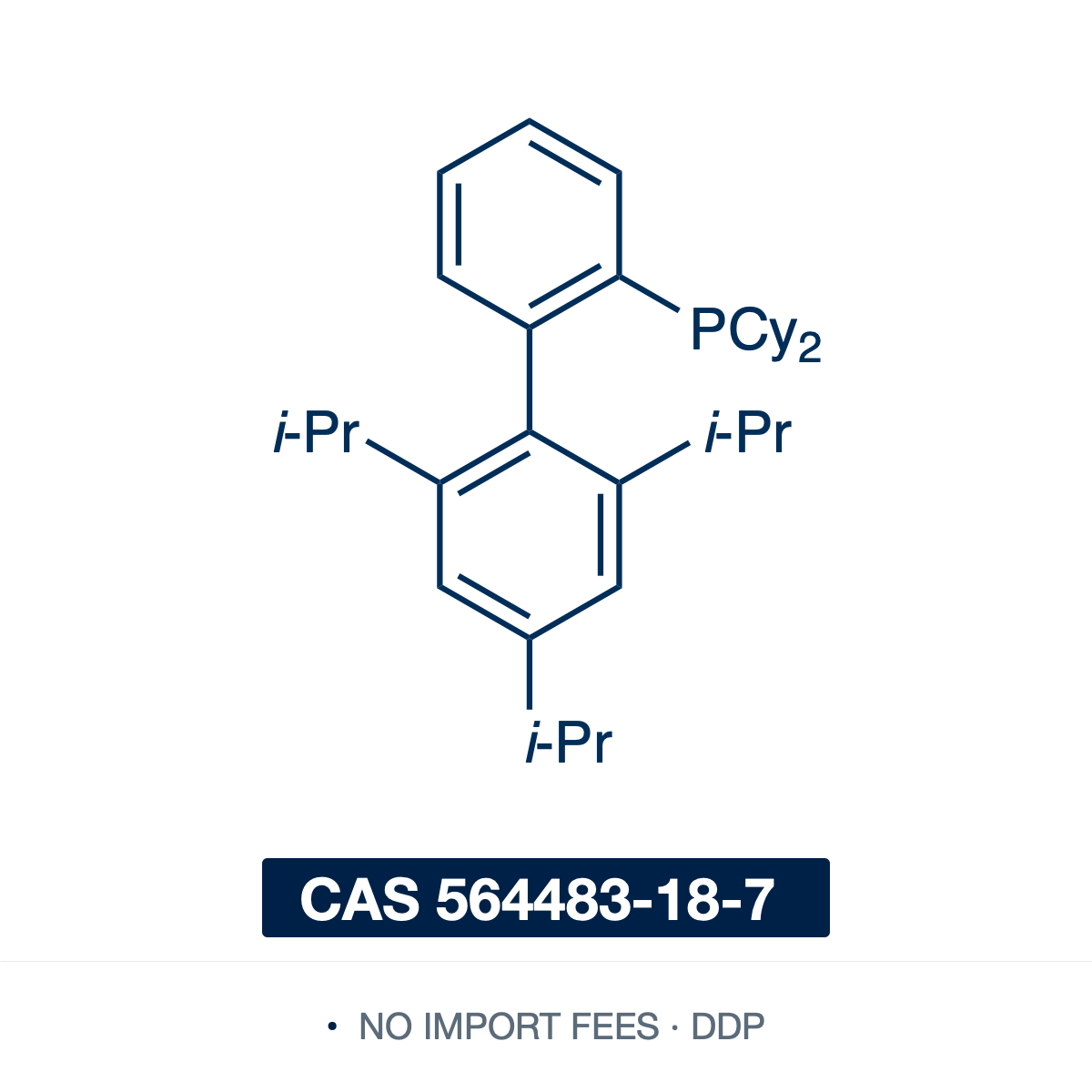 Chemical structure of XPhos (2-dicyclohexylphosphino-2',4',6'-triisopropylbiphenyl), CAS 564483-18-7, ≥97% — bulky, electron-rich, air-stable monodentate dialkylbiaryl (Buchwald) phosphine ligand (C33H49P), a dicyclohexylphosphino group at the 2-position of a 2',4',6'-triisopropylbiphenyl backbone. A premier ligand for demanding Pd-catalyzed Buchwald-Hartwig amination and Suzuki coupling of aryl chlorides and sulfonates, and for gold(I) catalysis. Supplied by NorrChemica with DDP shipping. CoA and SDS