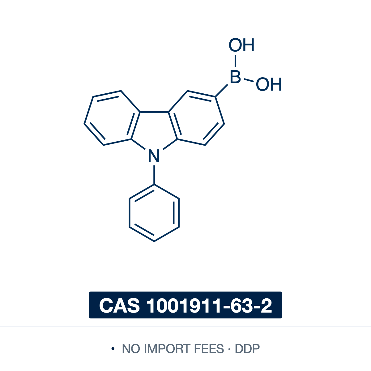 Chemical structure of (9-Phenyl-9H-carbazol-2-yl)boronic acid, CAS 1001911-63-2, ≥98% — an arylboronic acid on a rigid carbazole scaffold (C18H14BNO2): the boron at the carbazole 2-position, with a phenyl group on the ring nitrogen. The carbazole is a strong electron donor, so Suzuki-Miyaura coupling of this boronic acid installs the 9-phenylcarbazolyl unit into OLED emitters and hosts, hole-transport layers and other conjugated optoelectronic materials. Supplied by NorrChemica with DDP shipping.