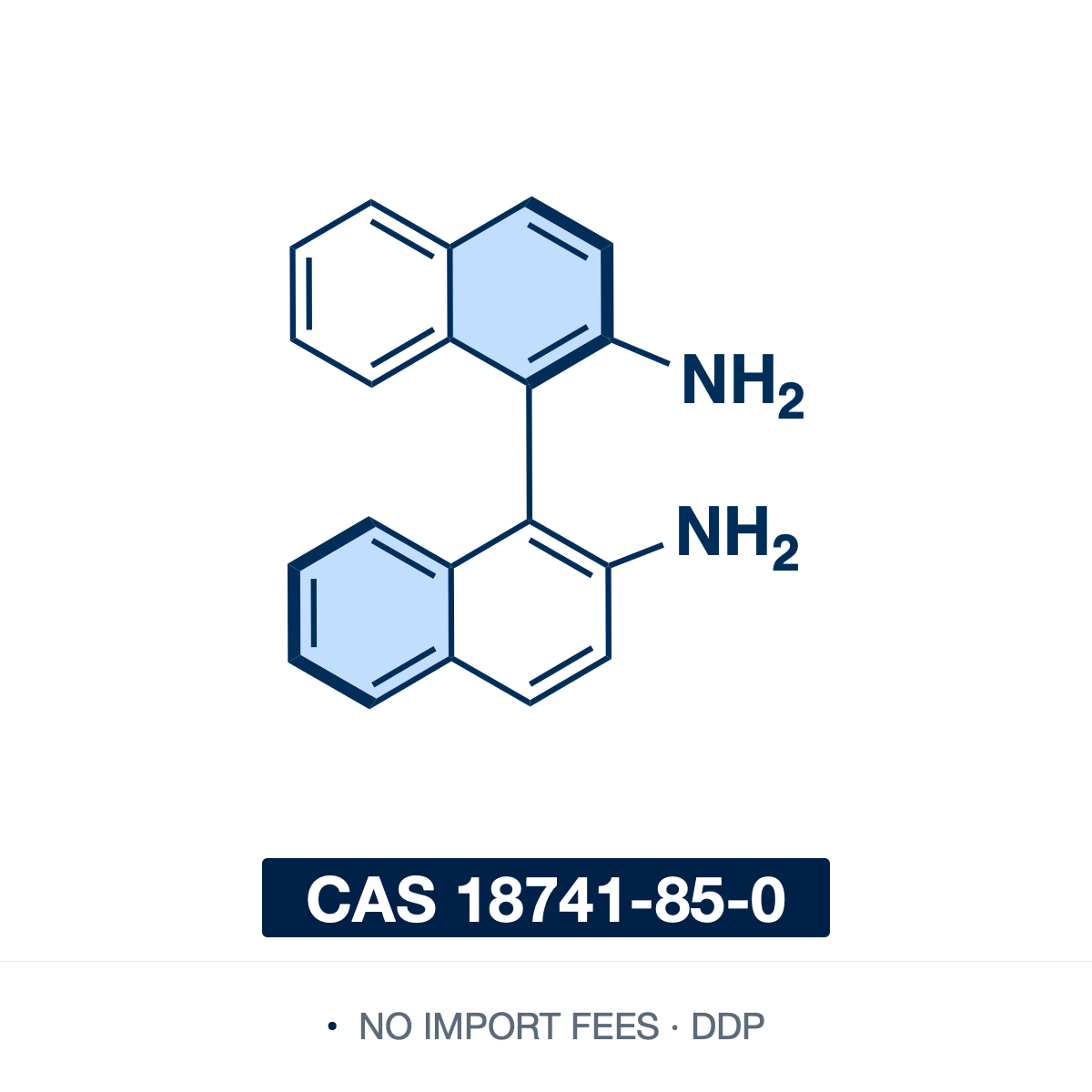 Chemical structure of (R)-1,1'-Binaphthyl-2,2'-diamine ((R)-(+)-BINAM; (R)-(+)-DABN), CAS 18741-85-0, ≥98% — C2-symmetric, axially chiral (atropisomeric) binaphthyl diamine (C20H16N2), two naphthalene units joined at the 1,1'-positions bearing amino groups at 2 and 2', the nitrogen analog of BINOL. The (R) antipode of (S)-BINAM, a chiral diamine building block and ligand precursor for asymmetric catalysis. Supplied by NorrChemica with DDP shipping. CoA and SDS provided.