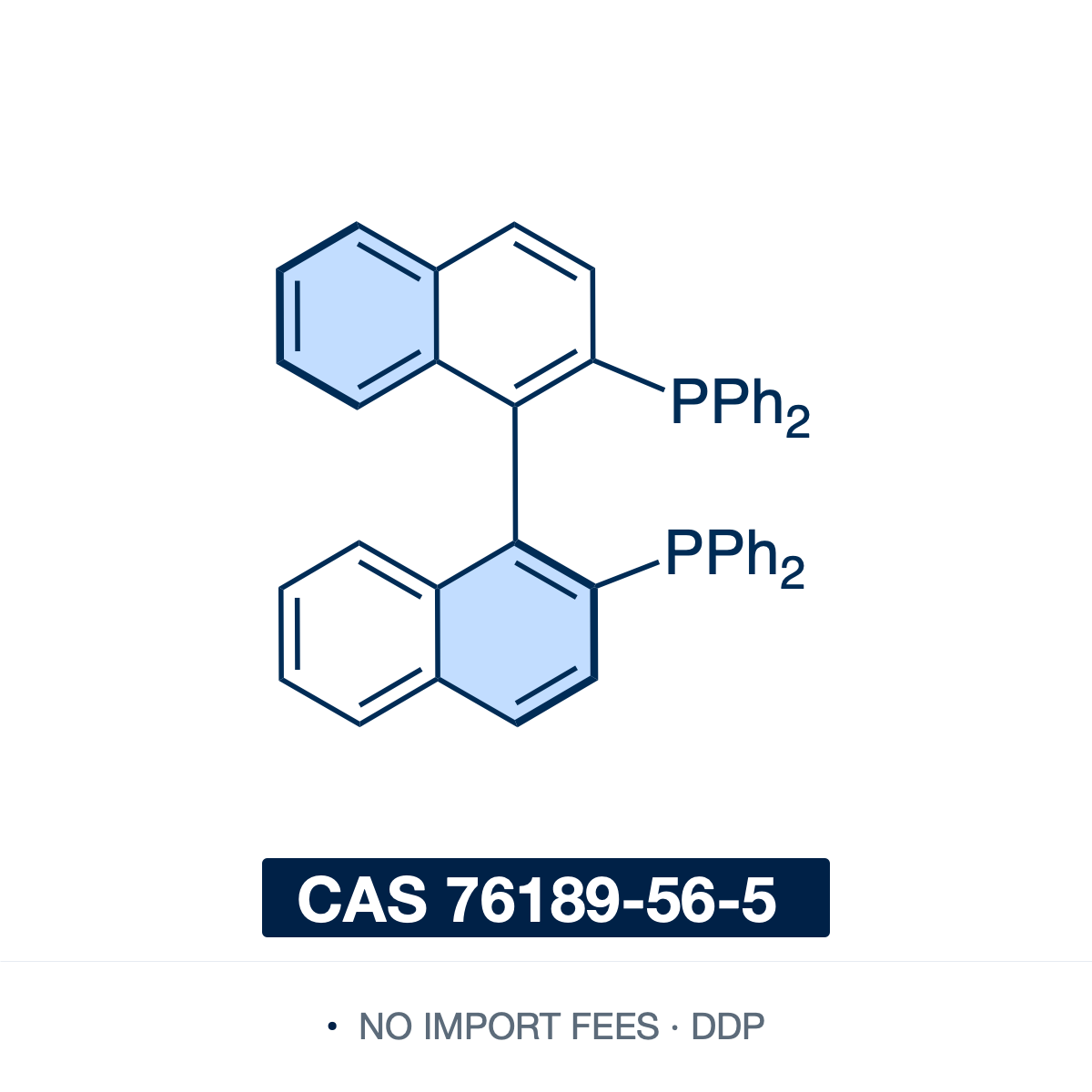 Chemical structure of (S)-BINAP ((S)-(-)-2,2'-bis(diphenylphosphino)-1,1'-binaphthyl), CAS 76189-56-5, ≥99% — C2-symmetric, axially chiral (atropisomeric) bisphosphine ligand (C44H32P2), a 1,1'-binaphthyl backbone bearing a diphenylphosphino (PPh2) group at the 2 and 2' positions, its chirality arising from restricted rotation about the binaphthyl axis. A landmark ligand for metal-catalyzed asymmetric hydrogenation (Ru/Rh-BINAP) and enantioselective catalysis. Supplied by NorrChemica with DDP shipping. CoA