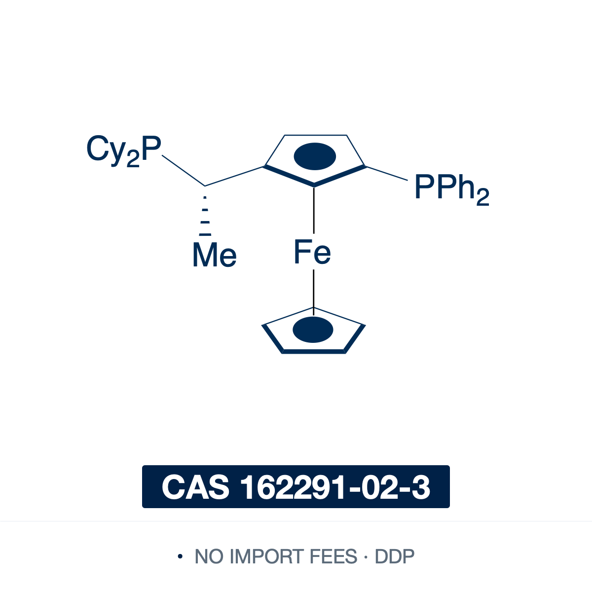 Chemical structure of (S,Rp)-Josiphos (SL-J001-2), CAS 162291-02-3, ≥98% — central- and planar-chiral ferrocenyl diphosphine ligand (C36H44FeP2), a 1,2-disubstituted ferrocene with a diphenylphosphino (PPh2) group on the ring and a dicyclohexylphosphino (PCy2) group on the stereogenic ethyl side chain. The (S,Rp) antipode of SL-J001-1, its two differentiated donors form an unsymmetrical chiral pocket — a privileged ligand for asymmetric hydrogenation. Supplied by NorrChemica with DDP shipping. CoA and SDS