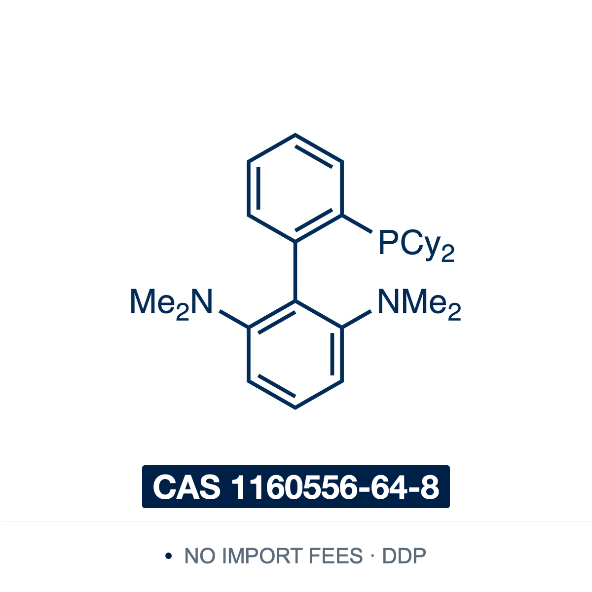 Chemical structure of CPhos (2-dicyclohexylphosphino-2′,6′-bis(N,N-dimethylamino)-1,1′-biphenyl), CAS 1160556-64-8, ≥98% — electron-rich dialkylbiaryl phosphine bearing two dimethylamino groups on the lower ring, developed for palladium-catalysed Negishi coupling of secondary alkylzinc reagents with suppression of β-hydride isomerisation. Supplied by NorrChemica with DDP shipping. CoA and SDS provided.