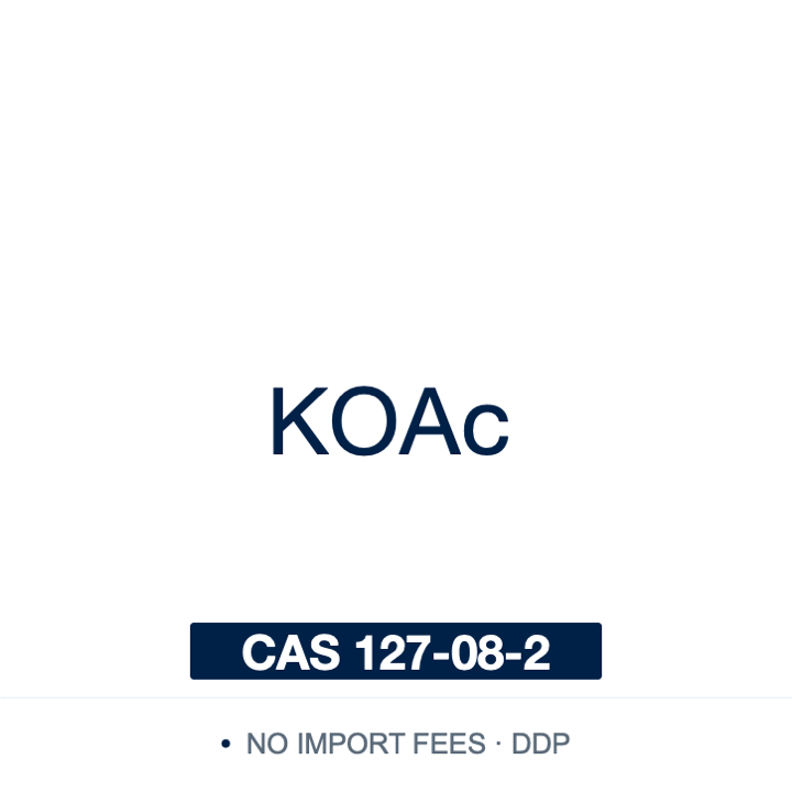 Chemical structure of Potassium Acetate (KOAc), CH₃CO₂K, CAS 127-08-2, ≥98% — acetate base for Miyaura borylation of aryl halides with B₂pin₂ and tetrahydroxydiboron, and the neutralisation reagent in alkaline lysis plasmid preparation. Supplied by NorrChemica with DDP shipping. CoA and SDS provided.