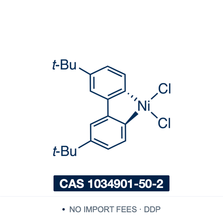 Chemical structure of NiCl2(dtbbpy) (Dichloro(4,4'-di-tert-butyl-2,2'-bipyridine)nickel(II)), CAS 1034901-50-2, ≥97% — air-stable nickel(II) precatalyst (C18H24Cl2N2Ni) in which the bidentate N,N-donor 4,4'-di-tert-butyl-2,2'-bipyridine chelates nickel dichloride. Used as the nickel source in photoredox and electrochemical cross-coupling, including decarboxylative arylation of α-oxo acids, acylation of ethers, and cross-coupling of aryl bromides with alcohols. Supplied by NorrChemica with DDP shipping. CoA