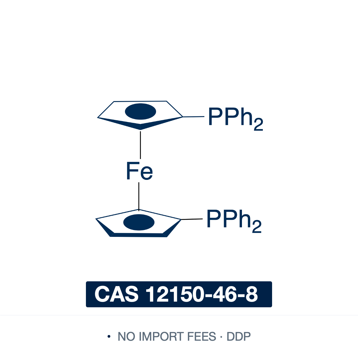 Chemical structure of Dppf (1,1'-Bis(diphenylphosphino)ferrocene), CAS 12150-46-8, ≥97% — bidentate ferrocene diphosphine ligand (C34H28FeP2), a ferrocene bearing a diphenylphosphino (–PPh2) group on each cyclopentadienyl ring at the 1,1'-positions. A wide-bite-angle chelating ligand for Pd, Ni and Ru catalysis, used in Suzuki, Negishi and Buchwald–Hartwig cross-coupling and carbonyl α-arylation, and precursor to the popular catalyst (dppf)PdCl2. Supplied by NorrChemica with DDP shipping. CoA and SDS provid