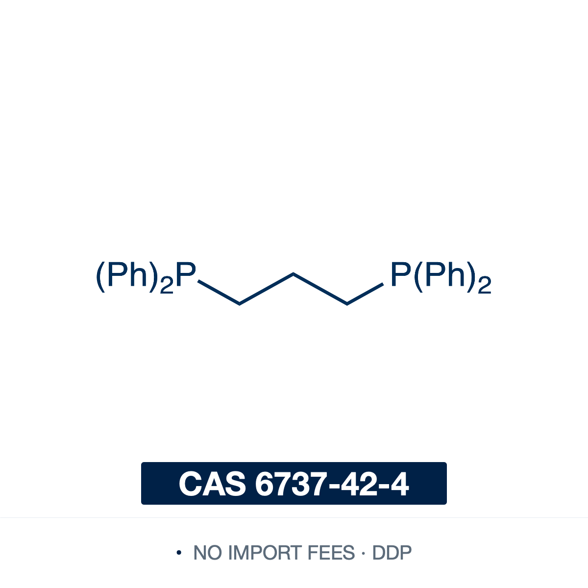 Chemical structure of dppp (1,3-Bis(diphenylphosphino)propane), CAS 6737-42-4, ≥97% — symmetrical bidentate diphosphine ligand (C27H26P2), two diphenylphosphino (-PPh2) groups joined by a three-carbon propylene bridge: Ph2P-CH2CH2CH2-PPh2. A chelating ligand that binds a metal in a six-membered ring (bite angle ~91 deg), used to prepare transition-metal complexes for cross-coupling (Ni(dppp)Cl2 for Kumada coupling) and carbonylation. Supplied by NorrChemica with DDP shipping. CoA and SDS provided.