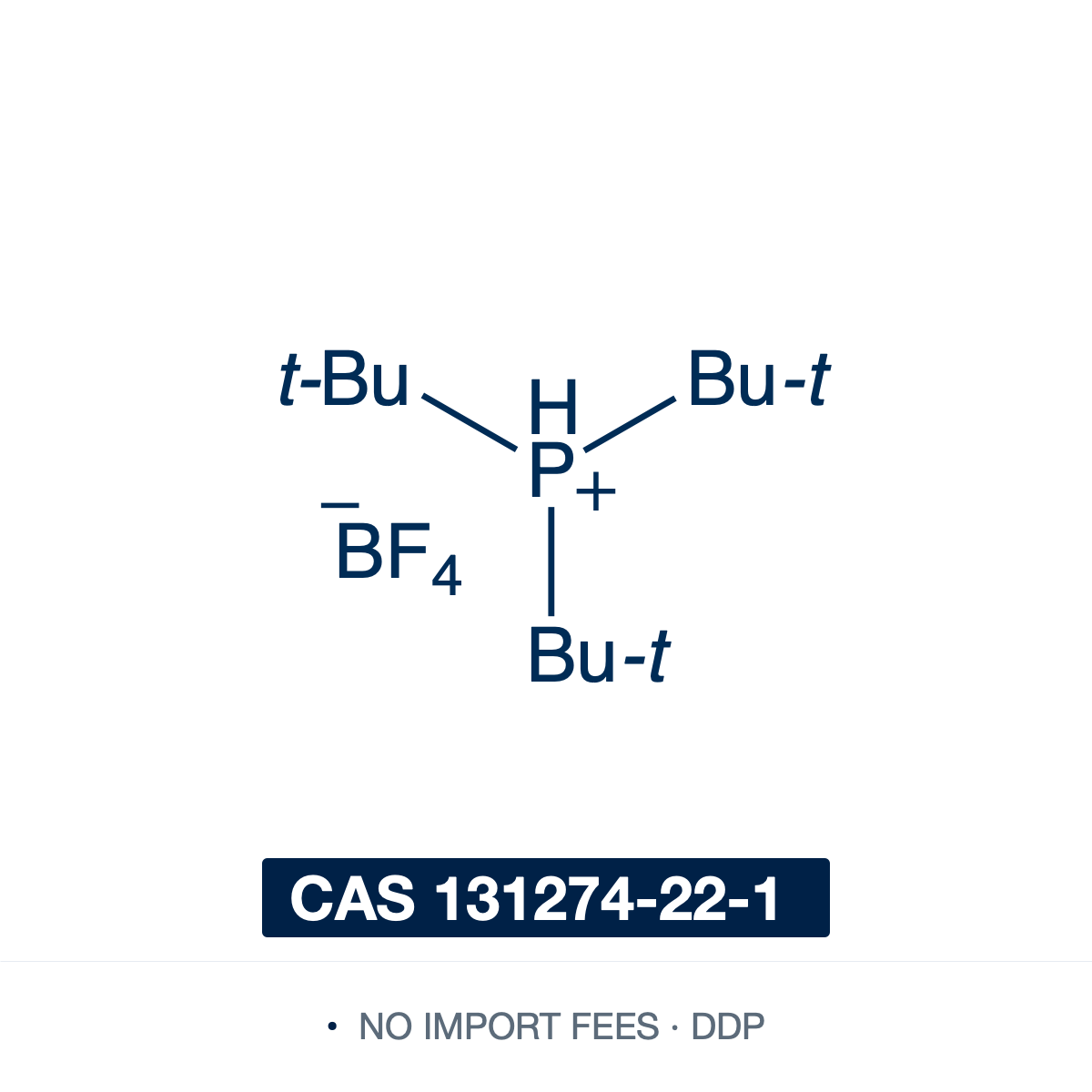 Chemical structure of tri-tert-butylphosphonium tetrafluoroborate (tBu3P·HBF4, TTBP), CAS 131274-22-1, ≥98% — air-stable crystalline salt (C12H28BF4P) that liberates the bulky, electron-rich phosphine P(t-Bu)3 in situ on treatment with base. A premier ligand precursor for Pd-catalyzed cross-coupling of unreactive aryl chlorides: Suzuki-Miyaura, Negishi, Buchwald-Hartwig C-N amination, alpha-arylation and Sonogashira. A stable stand-in for the pyrophoric free phosphine. Supplied by NorrChemica with DDP.