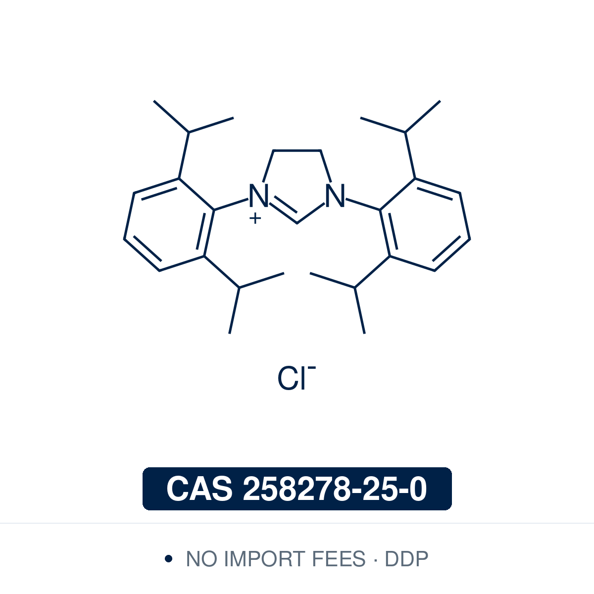 Chemical structure of SIPr·HCl (1,3-bis(2,6-diisopropylphenyl)imidazolinium chloride, C₂₇H₃₉ClN₂), CAS 258278-25-0, ≥95% — precursor of the N-heterocyclic carbene ligand SIPr, used with palladium for amination of aryl halides, N-arylation of indoles, Suzuki–Miyaura and Heck couplings and α-arylation of esters, and with iron fluorides for biaryl coupling of aryl chlorides. Supplied by NorrChemica with DDP shipping. CoA and SDS provided.