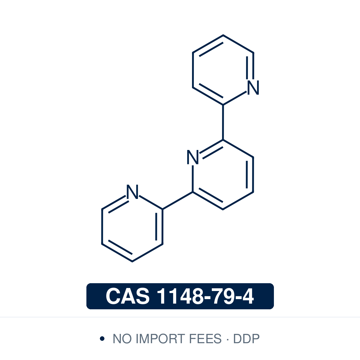 Chemical structure of 2,2′:6′,2′′-Terpyridine (2,6-di(2-pyridyl)pyridine, terpy), CAS 1148-79-4, ≥97% — planar tridentate NNN-donor ligand whose three near-coplanar pyridine nitrogens chelate metals meridionally; used in nickel- and cobalt-catalysed cross-coupling, ruthenium and iron polypyridyl photosensitisers, manganese and ruthenium water-oxidation catalysis, and metallo-supramolecular polymers. Supplied by NorrChemica with DDP shipping. CoA and SDS provided.