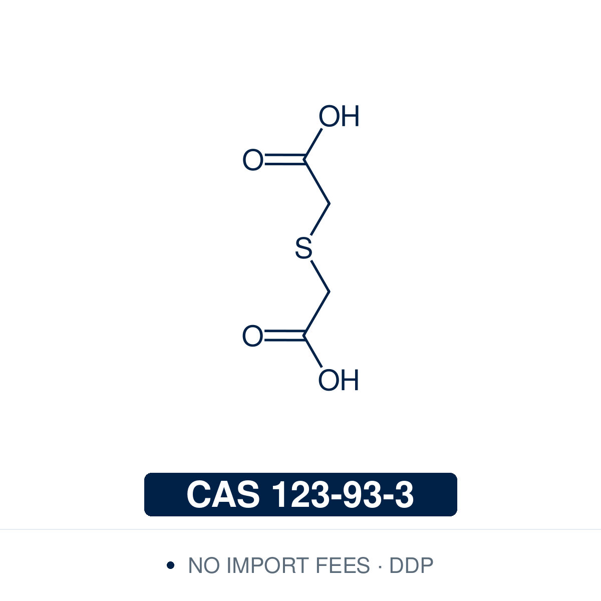 Chemical structure of Thiodiglycolic Acid (C₄H₆O₄S), CAS 123-93-3, ≥95% — dicarboxylic acid in which one sulfur atom links two carboxymethyl groups. Supplied by NorrChemica with DDP shipping. CoA and SDS provided.