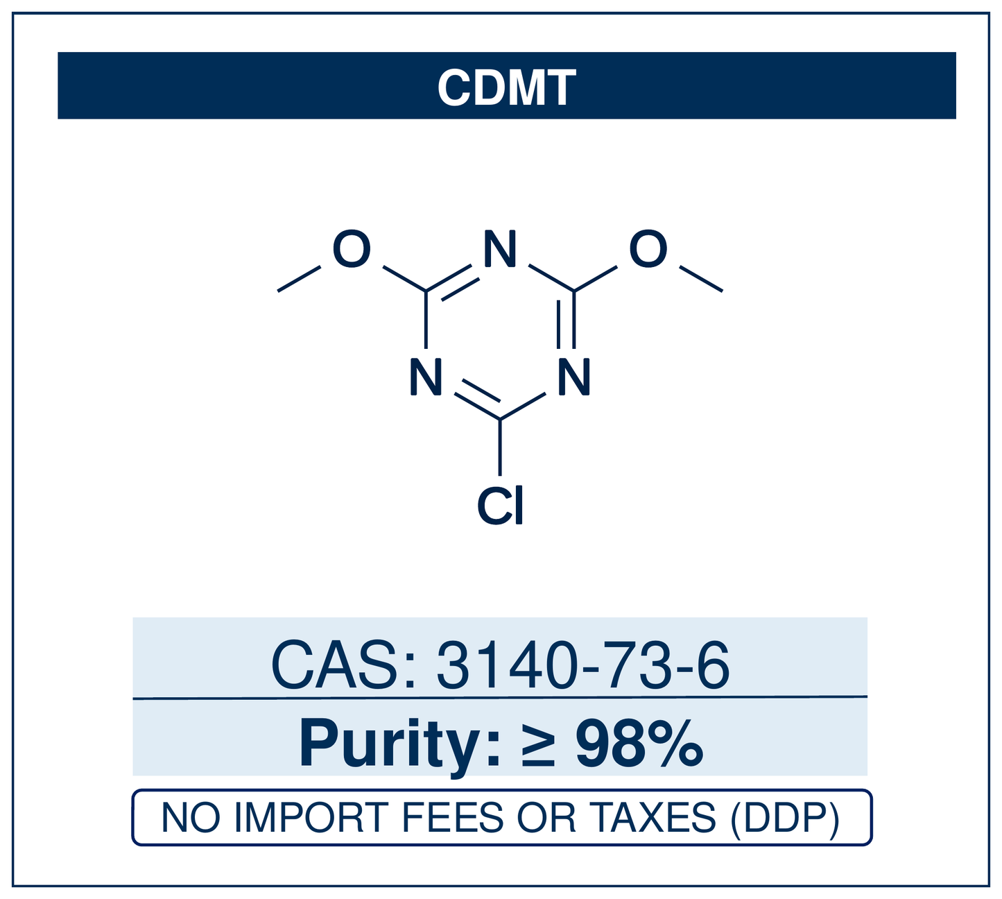 Chemical structure of CDMT, CAS 3140-73-6, ≥98% — 2-chloro-4,6-dimethoxy-1,3,5-triazine, a triazine activating reagent that, with N-methylmorpholine, forms DMTMM to couple carboxylic acids with amines and alcohols. Supplied by NorrChemica with DDP shipping. CoA and SDS provided.