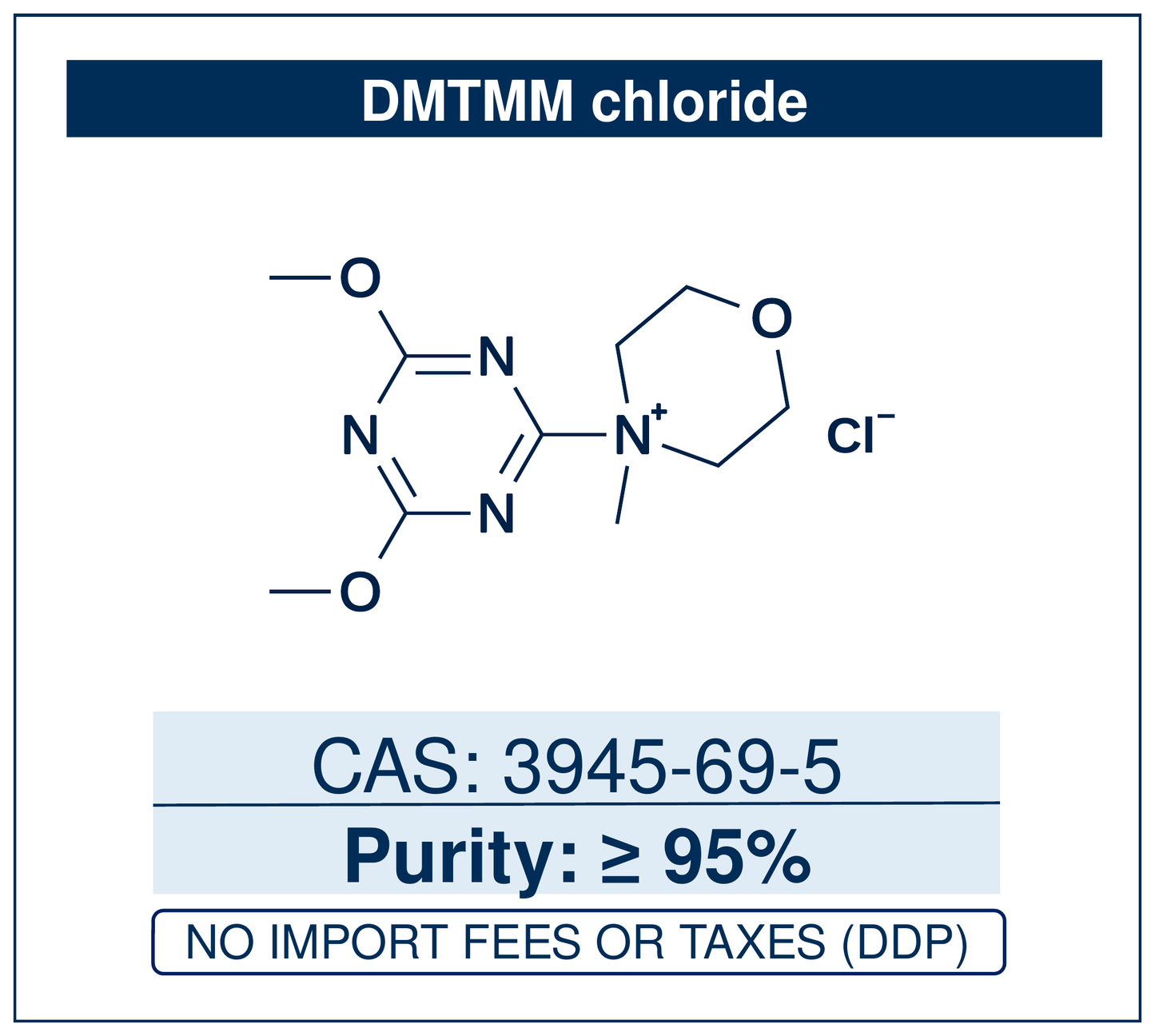Chemical structure of DMTMM chloride, CAS 3945-69-5, ≥95% (cointaining 15% H2O) — 4-(4,6-dimethoxy-1,3,5-triazin-2-yl)-4-methylmorpholinium chloride, a triazine coupling reagent for amide and ester formation that works in water and protic solvents. Supplied by NorrChemica with DDP shipping. CoA and SDS provided.