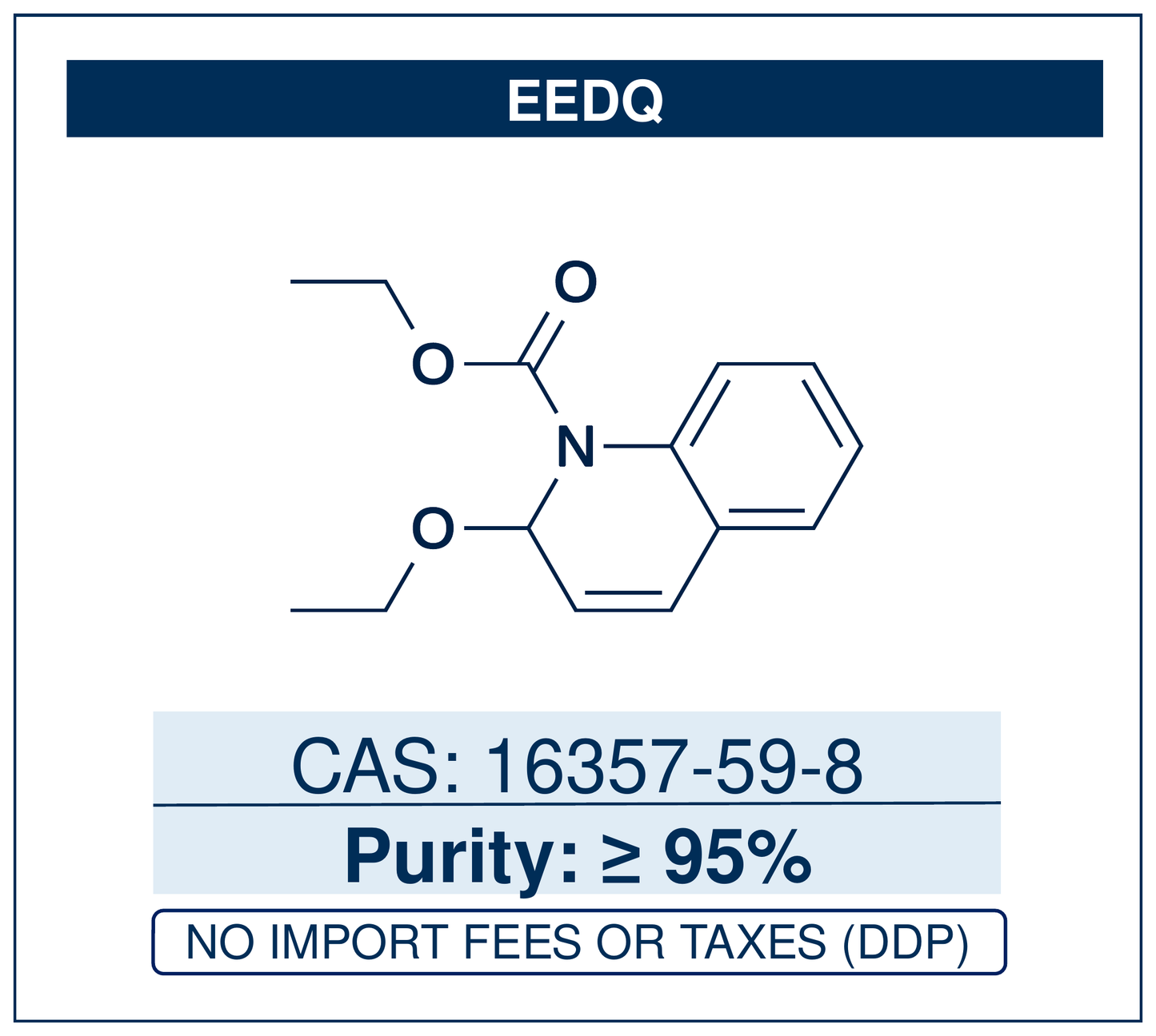 Chemical structure of EEDQ, CAS 16357-59-8, ≥95% — 2-ethoxy-1-(ethoxycarbonyl)-1,2-dihydroquinoline, a mild carboxylic-acid activating reagent that forms a mixed anhydride in situ for low-racemisation amide and peptide bond formation. Supplied by NorrChemica with DDP shipping. CoA and SDS provided.