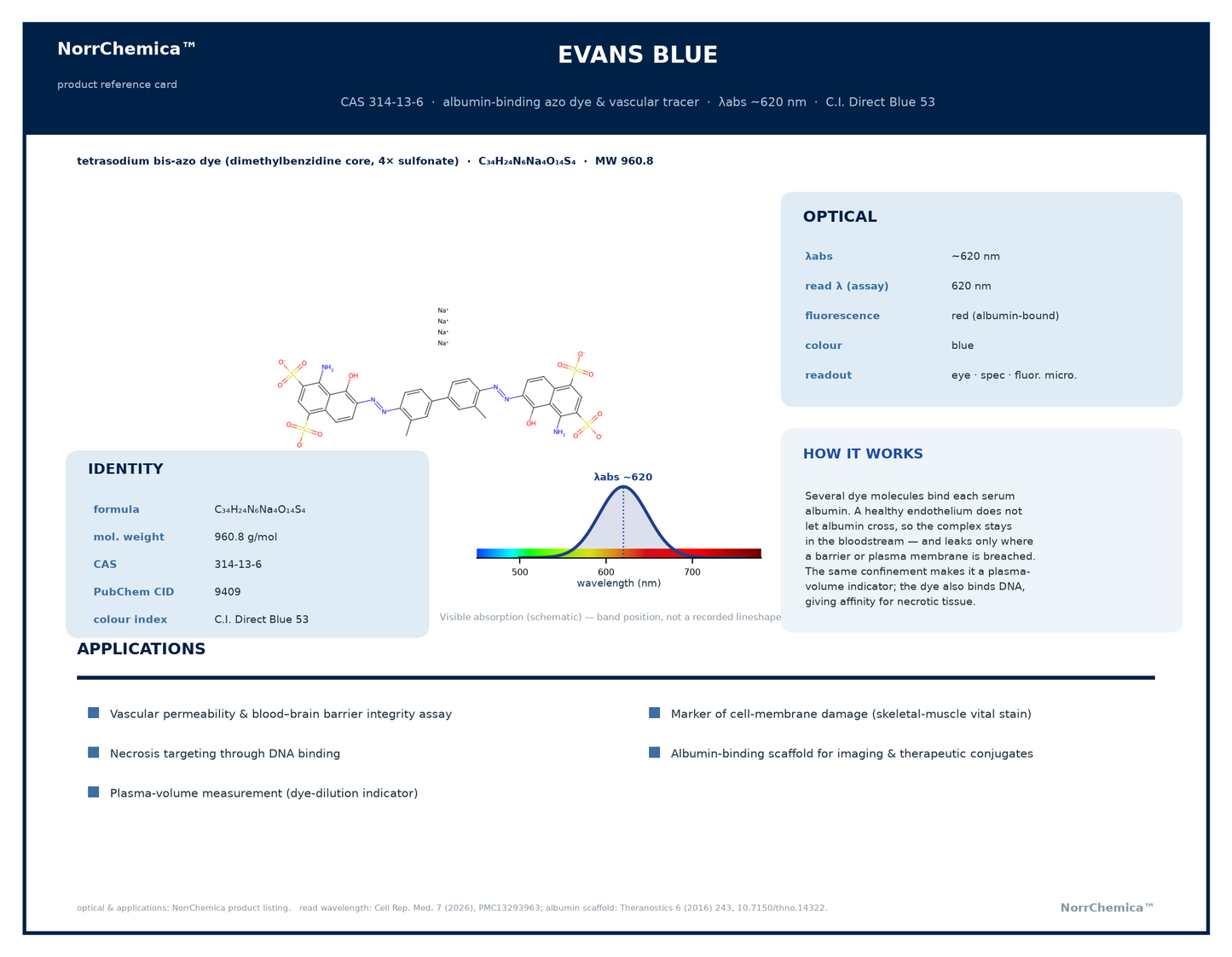 Chemical structure of Evans Blue, CAS 314-13-6, ≥85% — albumin-binding azo dye and vascular tracer for permeability assays. Supplied by NorrChemica with DDP shipping. CoA and SDS provided.