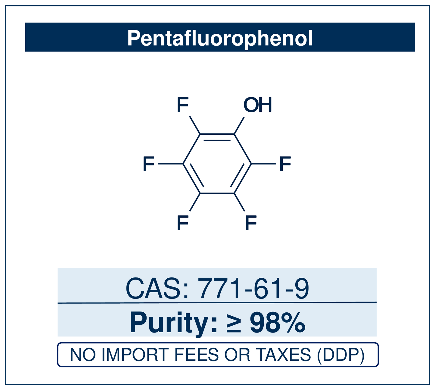Chemical structure of Pentafluorophenol, CAS 771-61-9, ≥98% — 2,3,4,5,6-pentafluorophenol, used to form activated pentafluorophenyl (PFP) esters of carboxylic acids for amide-bond formation and peptide coupling. Supplied by NorrChemica with DDP shipping. CoA and SDS provided.