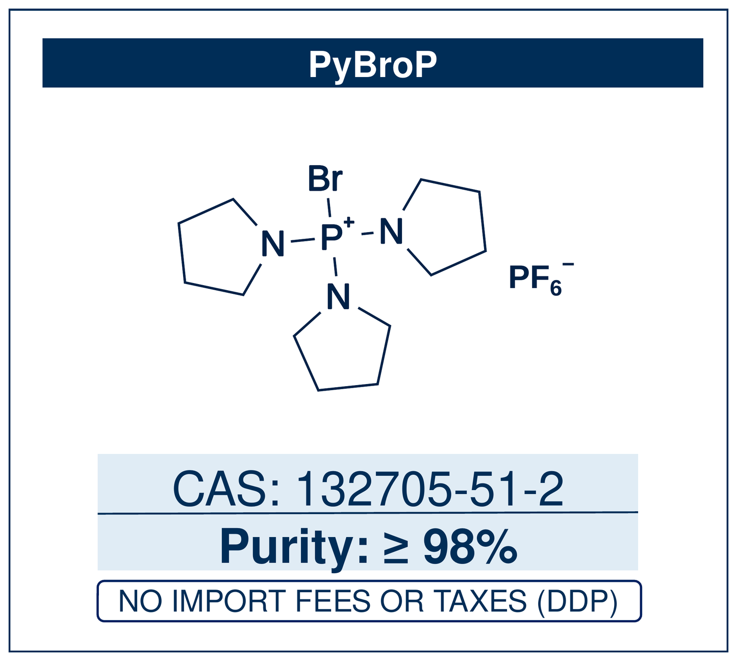 Chemical structure of PyBroP, CAS 132705-51-2, ≥98% — bromotris(pyrrolidin-1-yl)phosphonium hexafluorophosphate, a phosphonium coupling reagent for difficult and hindered amide bonds, including N-methyl amino acids, and ester or heteroaryl activation. Supplied by NorrChemica with DDP shipping. CoA and SDS provided.
