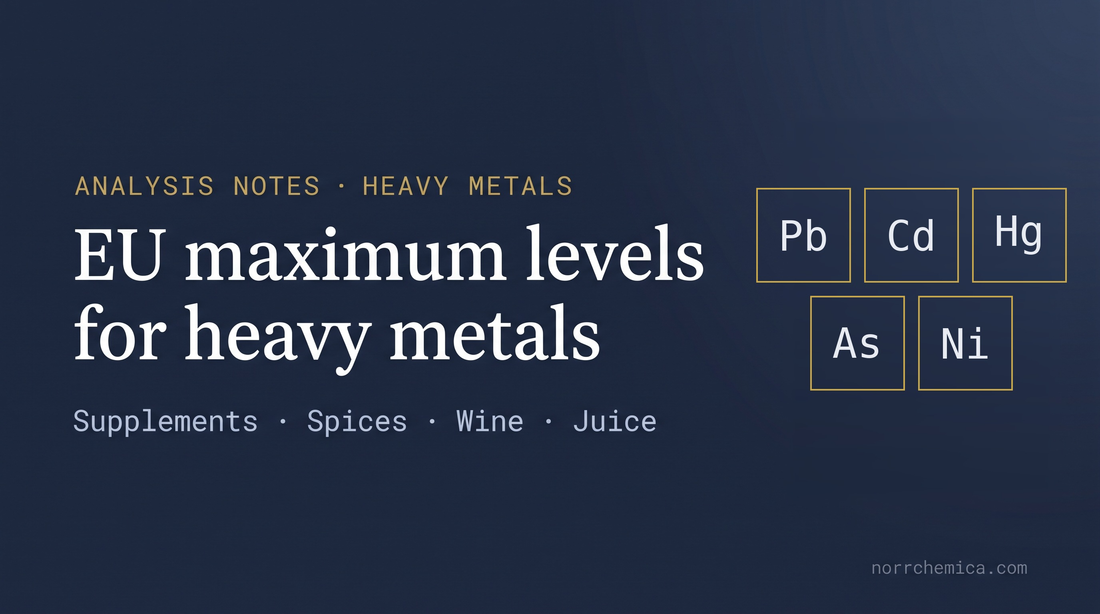 EU maximum levels for heavy metals in supplements, spices, wine and juice — Pb, Cd, Hg, As, Ni.