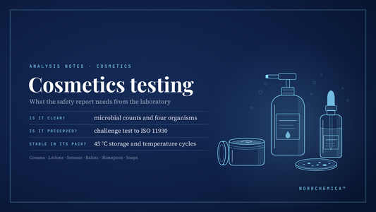 Cosmetics testing cover: line drawing of a jar, pump bottle, dropper and petri dish; three tests.