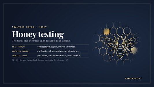 Honey testing cover: a gold line bee on honeycomb; composition, banned drugs, pesticides, lead, caesium.