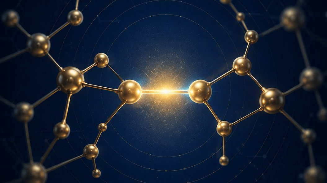 Abstract gold-on-navy illustration of two molecular fragments joining at a glowing bond, representing amide and peptide coupling.