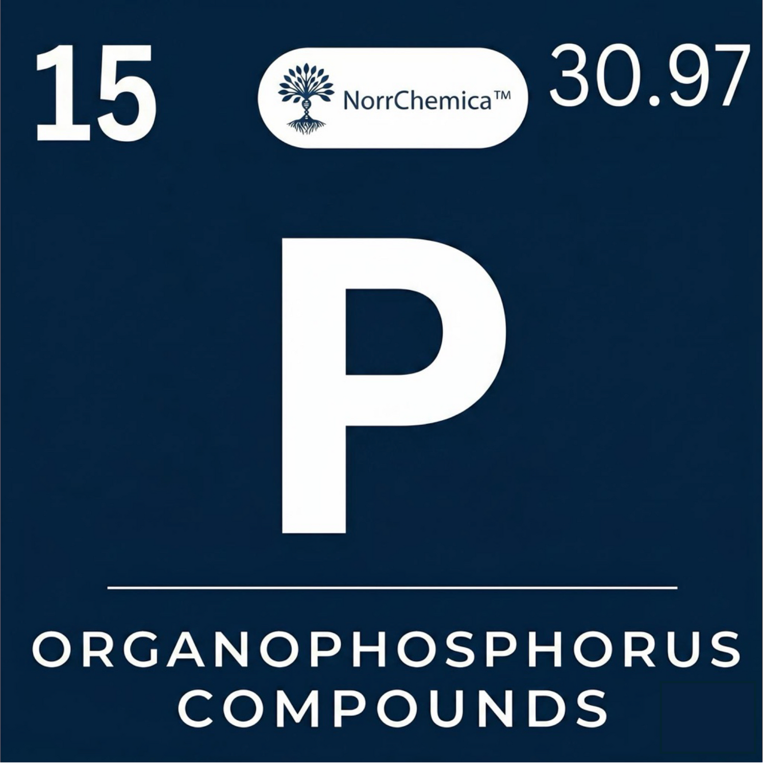 NorrChemica Organophosphorus Compounds collection — periodic-table style tile featuring phosphorus (P, atomic number 15).